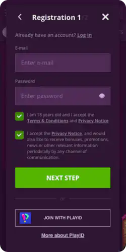 first step of registration Malina casino