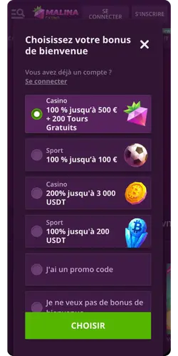 Choix du bonus de bienvenue sur Malina Casino