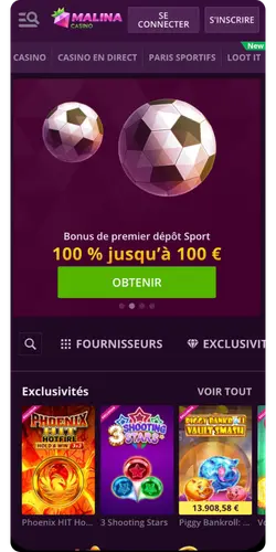 Écran principal de Malina Casino avec le bonus de premier dépôt