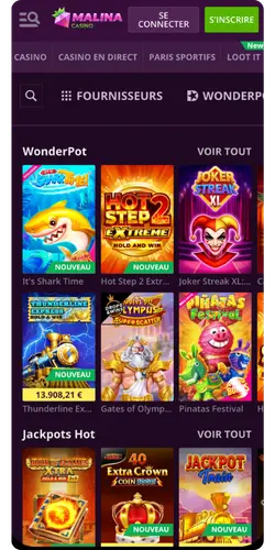 Jackpots et machines à sous WonderPot de Malina Casino