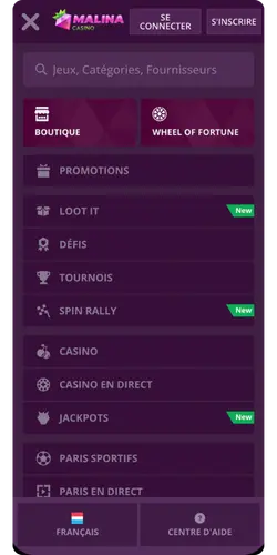 Menu de navigation de Malina Casino