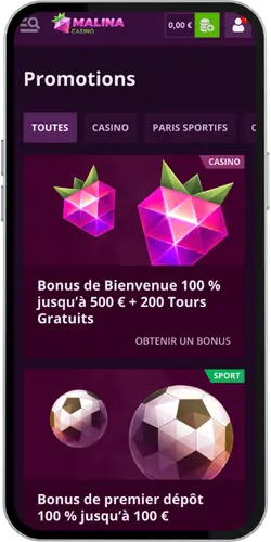 Malina Casino Rendez-vous dans la section Bonus