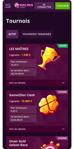 Tournois actifs de Malina Casino avec cagnottes
